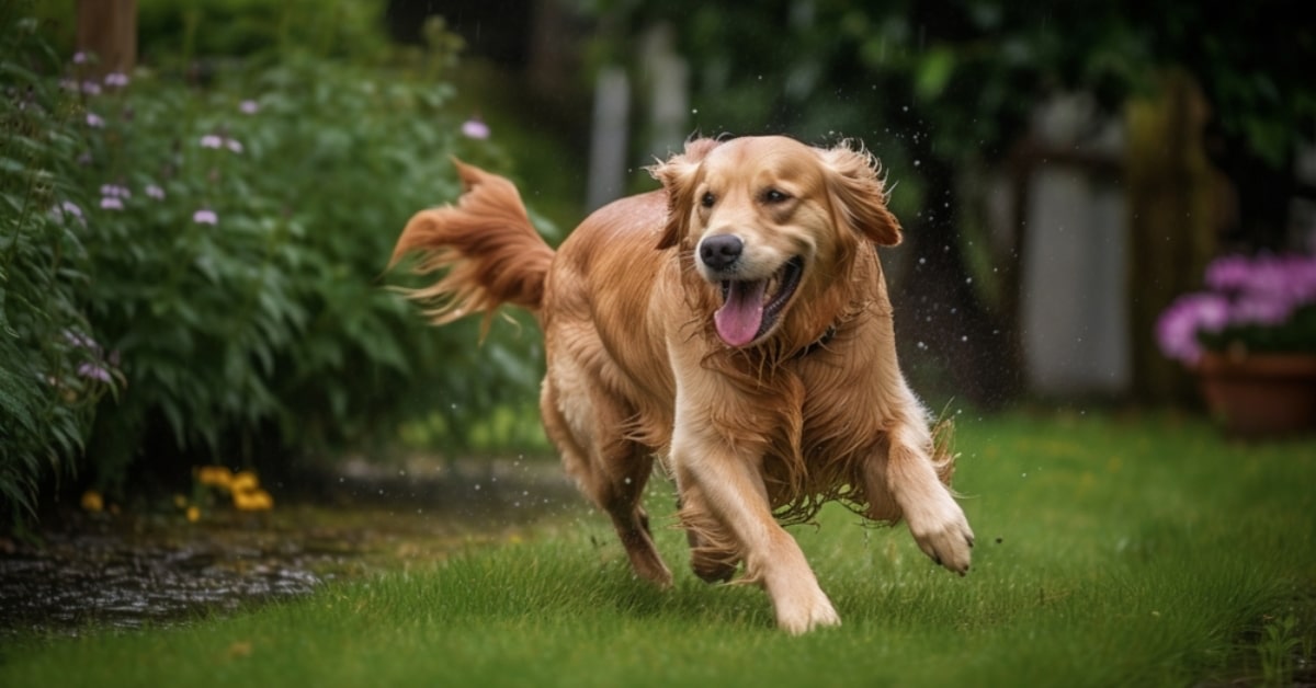 A happy golden retriever running through a yard.